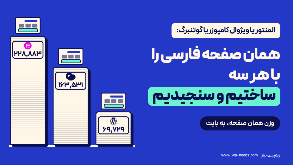 سه دسته کاغذ که ارتفاعشان با وزن همان صفحه فارسی برابر است: ۲۲۸٬۸۸۳ بایت با المنتور، ۱۶۳٬۵۳۱ با ویژوال کامپوزر و ۶۹٬۷۲۹ با ویرایشگر بلوکی