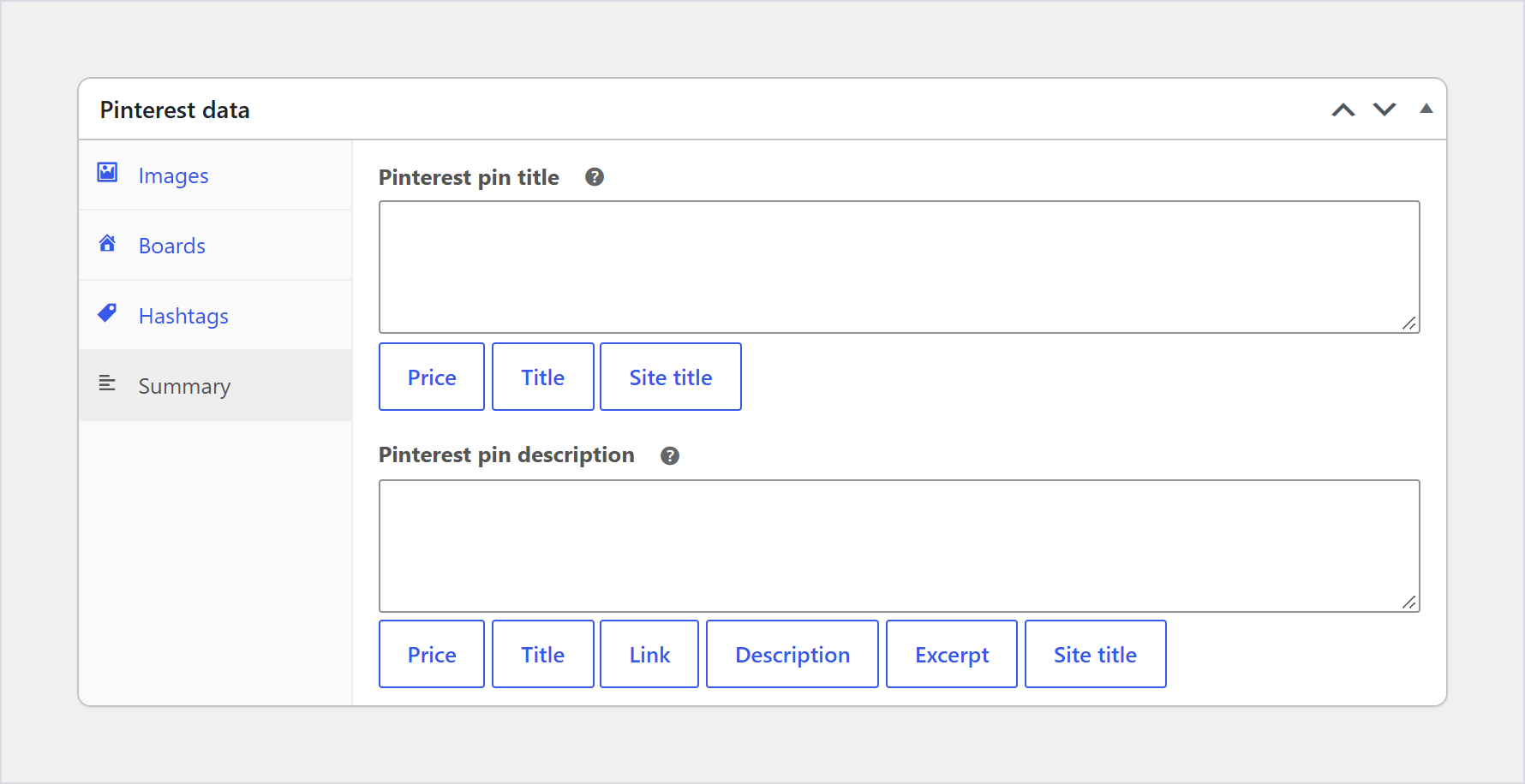 جعبه Pinterest Data در صفحه ویرایش محصول، زبانه خلاصه با قالب عنوان و توضیح پین