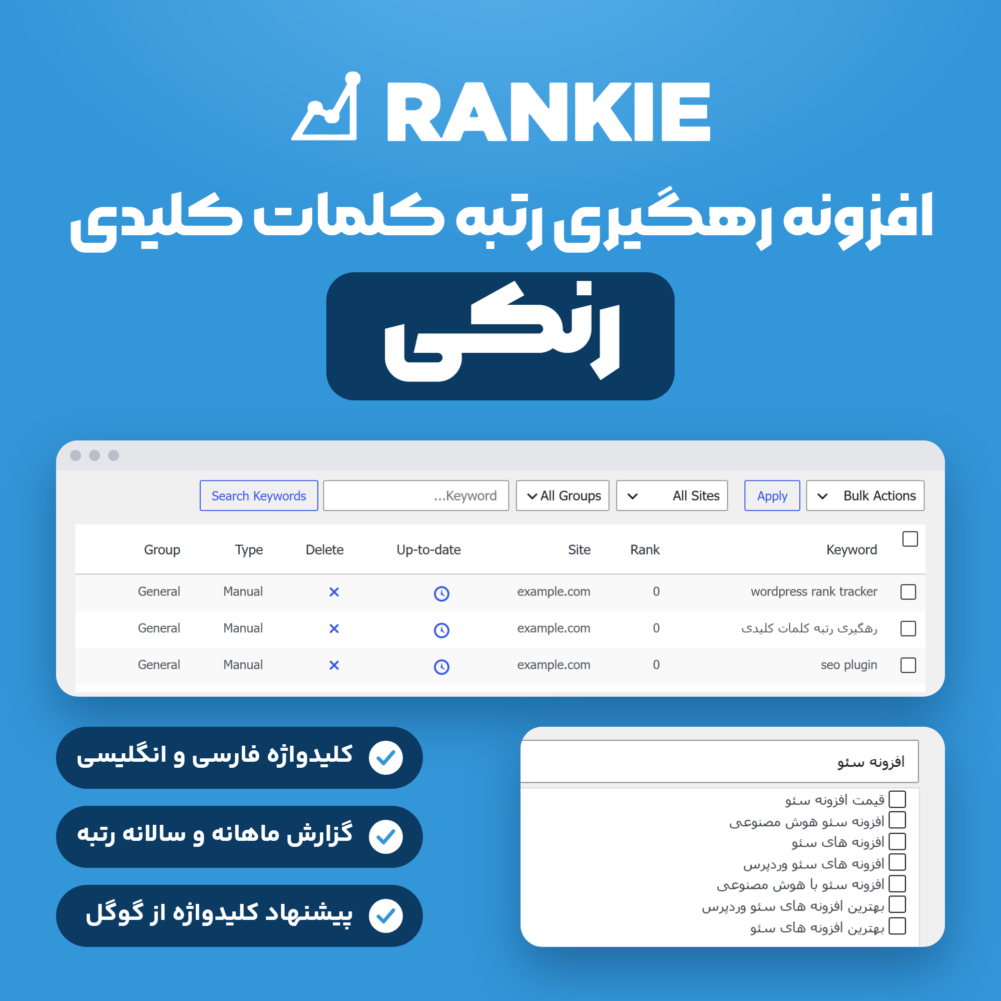 تصویر افزونه رنکی (Rankie) برای رهگیری رتبه کلمات کلیدی در گوگل، با جدول کلیدواژه‌های پیشخوان و صفحه پیشنهاد کلیدواژه فارسی