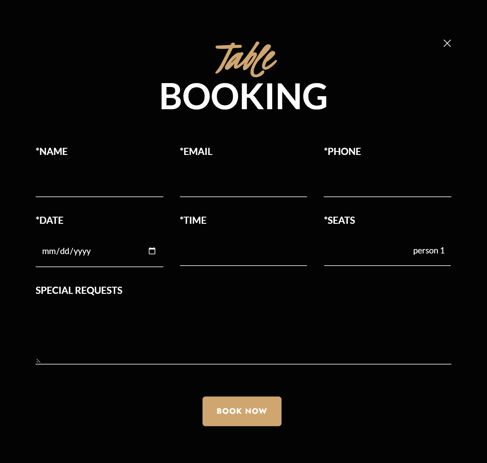 قالب سایت کافه و رستوران گرند وردپرس Grand Restaurant 3 پنجره فرم Table Booking با فیلدهای نام، ایمیل، تلفن، تاریخ، ساعت، صندلی و درخواستهای ویژه