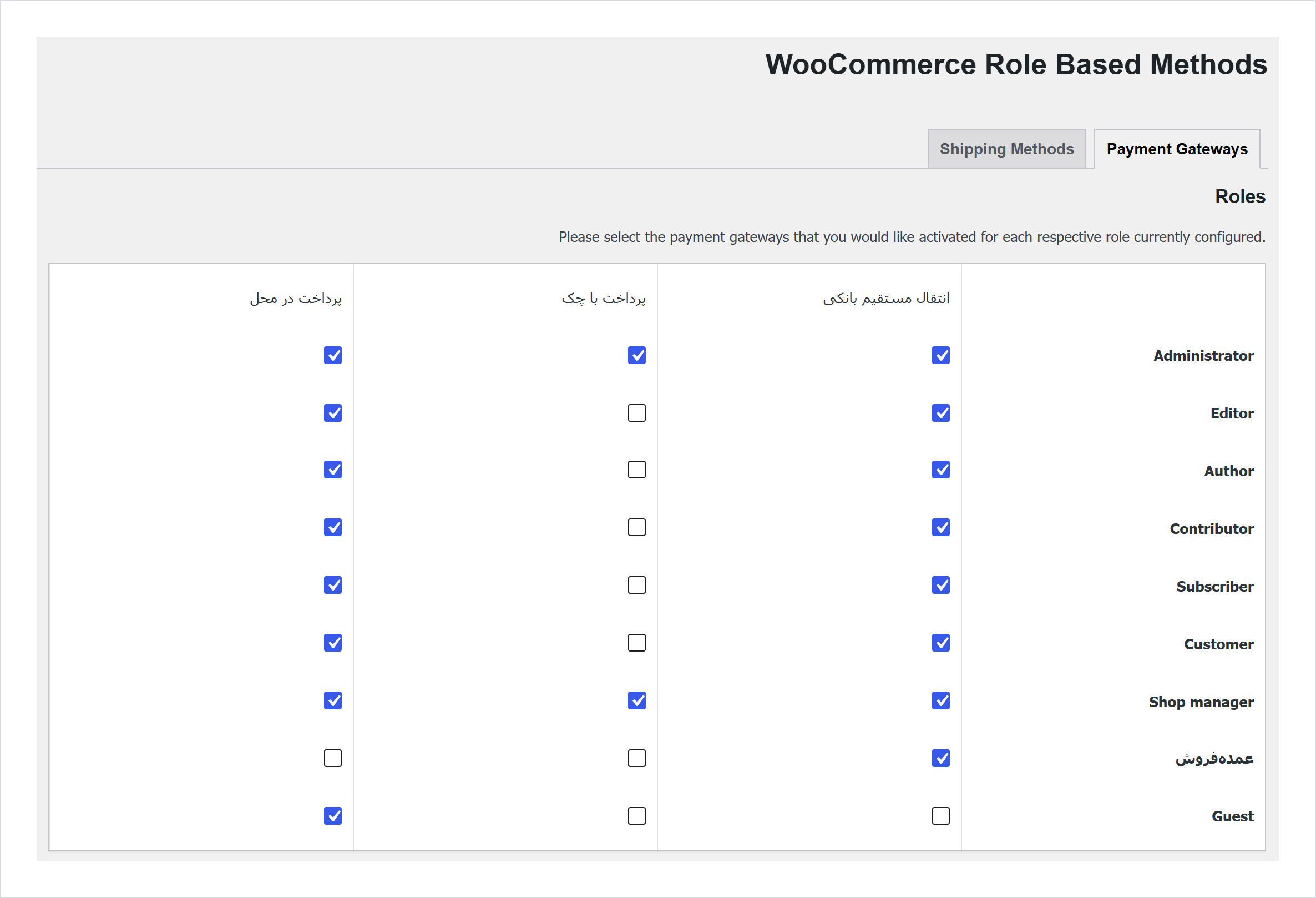 افزونه ووکامرس پرداخت و حمل بر اساس نقش کاربری | Role-Based Payment / Shipping Methods For Woocommerce 1 جدول زبانه Payment Gateways با ردیف نقشها و ستون درگاههای پرداخت در پیشخوان فارسی