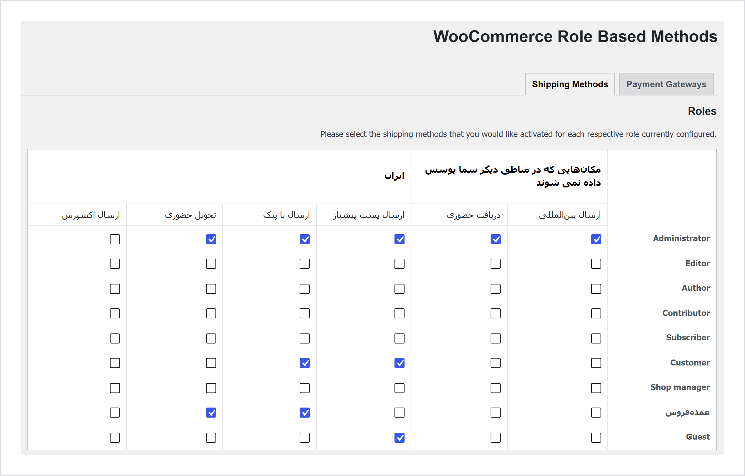افزونه ووکامرس پرداخت و حمل بر اساس نقش کاربری | Role-Based Payment / Shipping Methods For Woocommerce 2 جدول زبانه Shipping Methods با ستون روشهای حمل و نقل به تفکیک منطقه