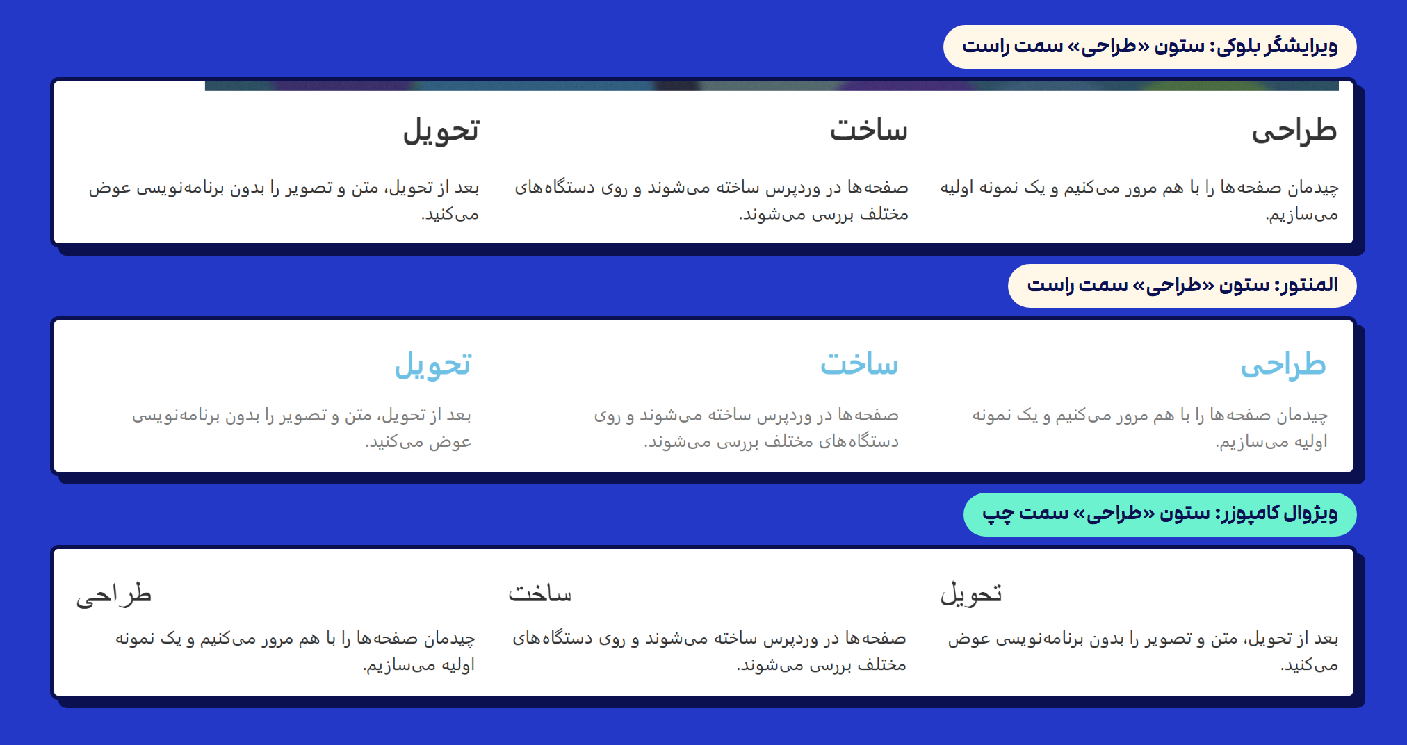 المنتور یا ویژوال کامپوزر یا گوتنبرگ: همان صفحه فارسی را با هر سه ساختیم و سنجیدیم 1 ردیف سهستونه همان صفحه در سه ابزار: در ویرایشگر بلوکی و در المنتور ستون «طراحی» سمت راست است و در ویژوال کامپوزر سمت چپ