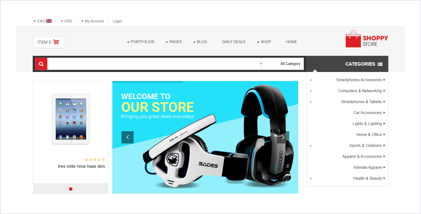 صفحه اصلی دموی Hitech Store 01 بعد از درون‌ریزی، با لوگو در سمت راست، نوار جست‌وجو، منوی دسته‌ها و اسلایدر