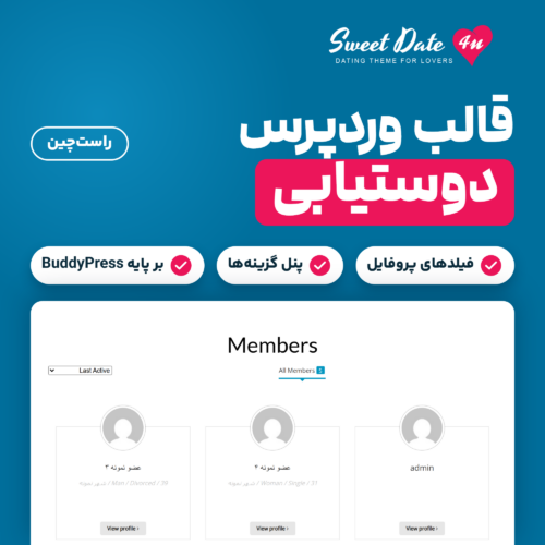 تصویر معرفی قالب وردپرس دوستیابی Sweet Date، با لوگوی قالب و فهرست اعضا روی وردپرس فارسی