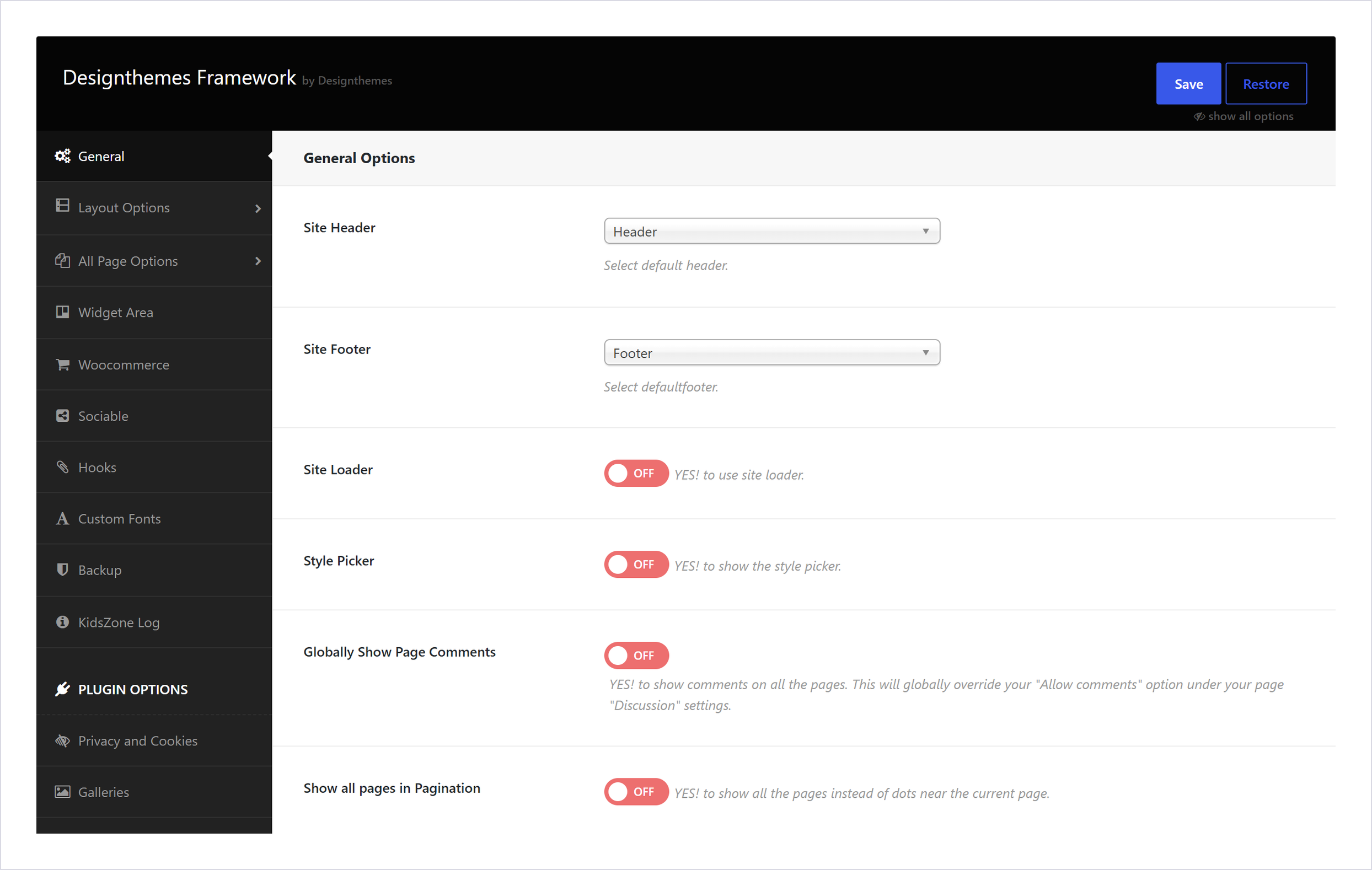 برگه General از پنل Kidszone Options با انتخاب سربرگ و پاورقی پیش‌فرض