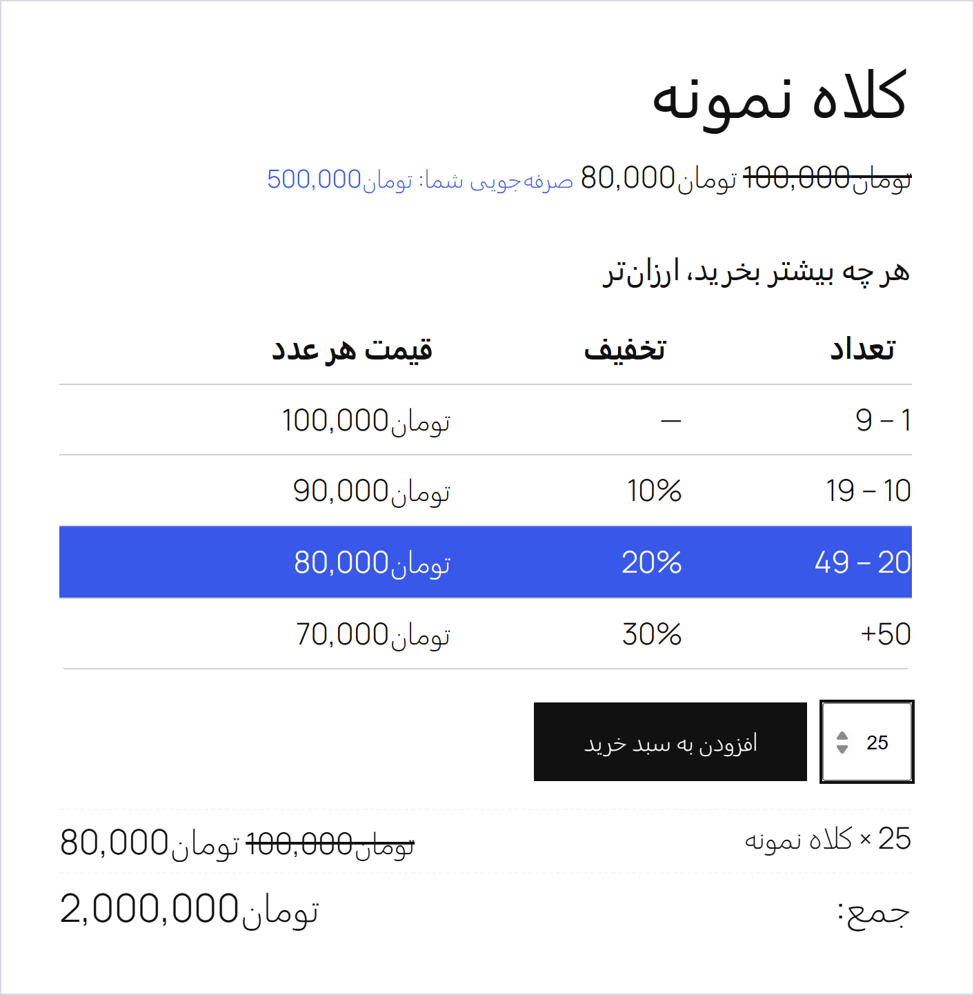 افزونه قیمتگذاری پلکانی برای ووکامرس | افزونه Tiered Pricing Table 1 جدول پلههای قیمت و جمع کل روی صفحه یک محصول نمونه با افزونه Tiered Pricing Table