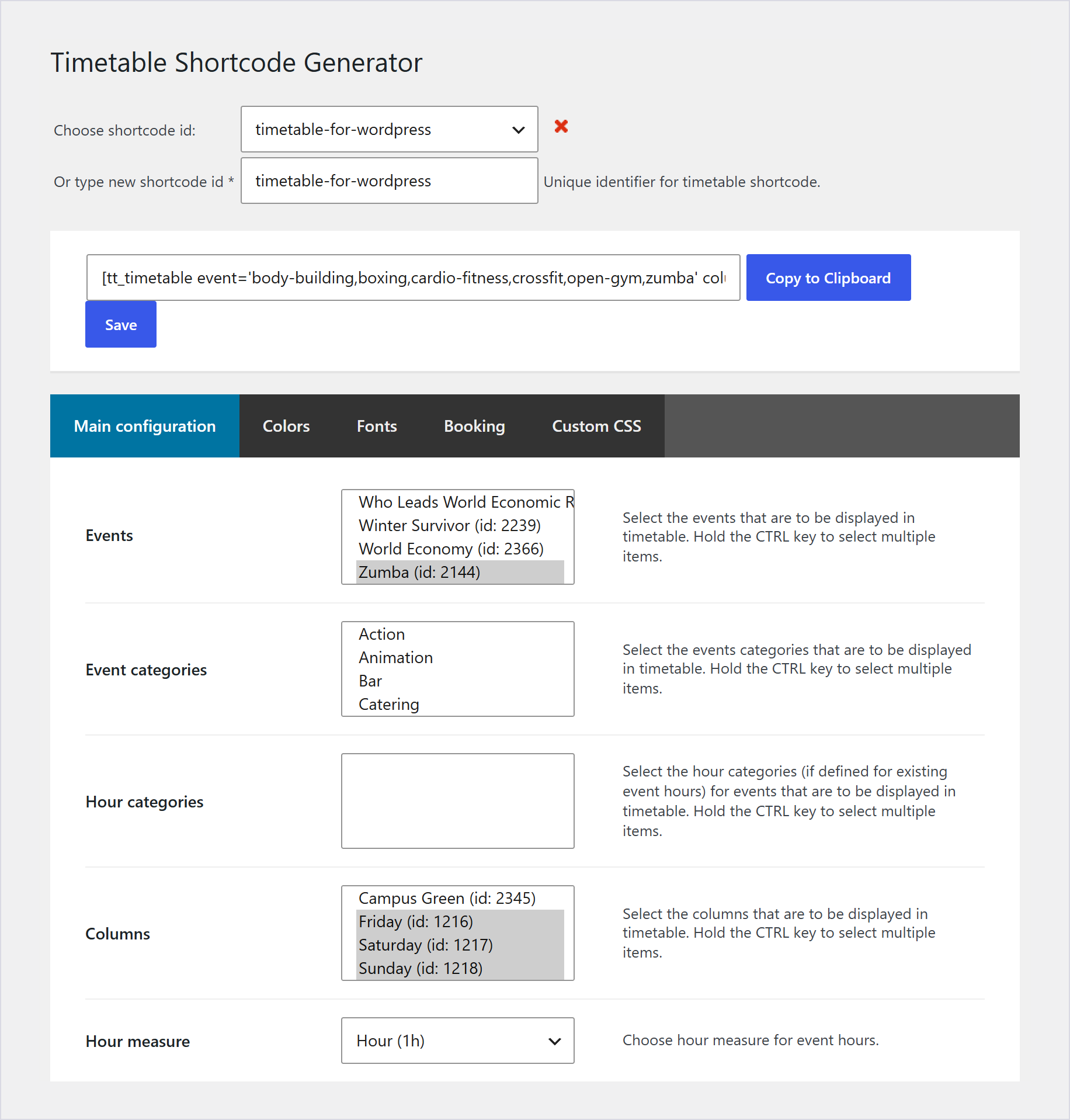 مولد کد کوتاه افزونه Timetable Booking Schedule با زبانه‌های تنظیمات جدول