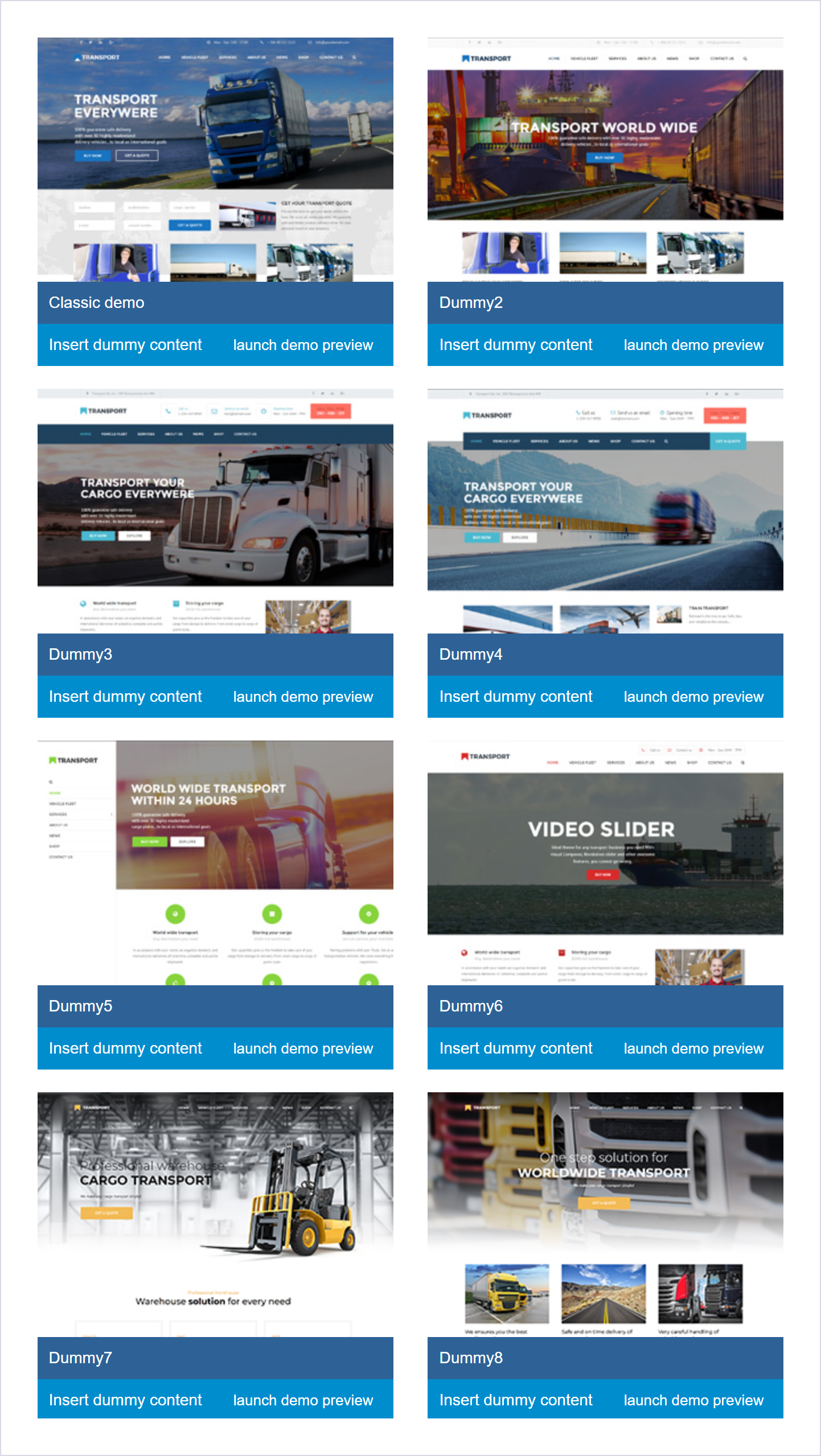 قالب وردپرس حمل و نقل | Transport 1 صفحه Dummy Content در پنل Theme Options قالب Transport با فهرست دموها
