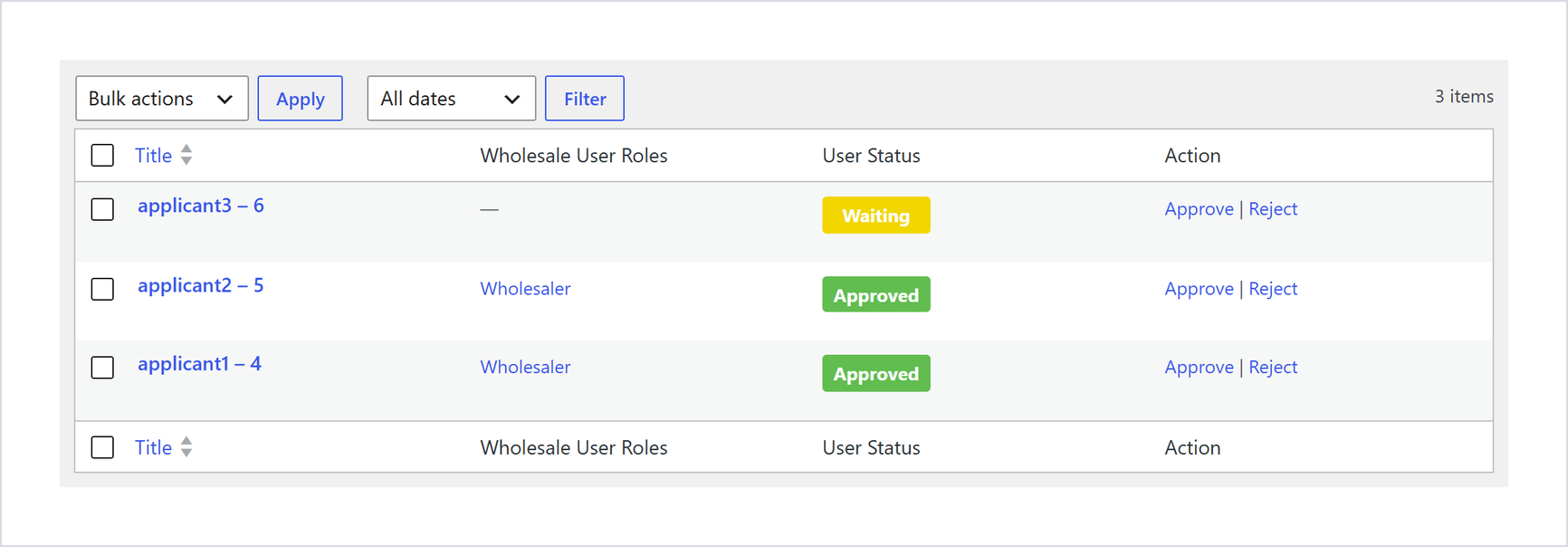 فهرست درخواست‌های ثبت‌نام در افزونه با وضعیت‌های Waiting و Approved و پیوندهای Approve و Reject