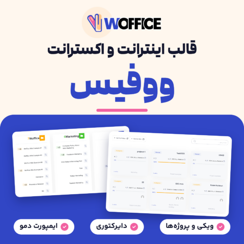 تصویر محصول قالب وردپرس اینترانت و اکسترانت ووفیس با لوگوی Woffice و نمایی از صفحه‌های ویکی و پروژه‌های دمو