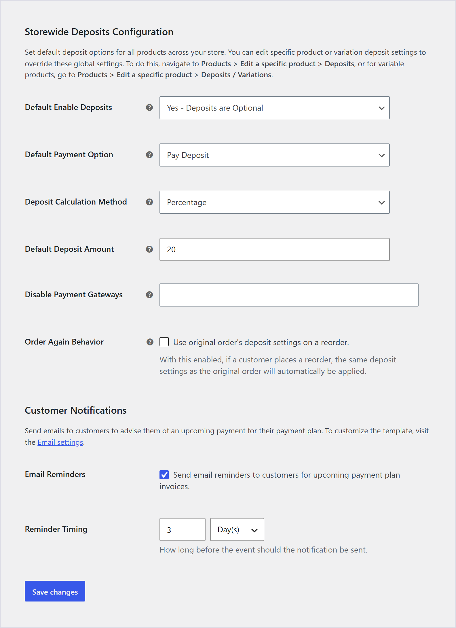 افزونه فروش اقساطی وردپرس Woocommerce Deposits 1 صفحه Deposits در پیکربندی ووکامرس با حالت اختیاری، روش درصدی و مقدار ۲۰