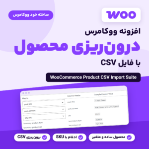تصویر افزونه درون‌ریزی محصولات ووکامرس (WooCommerce Product CSV Import Suite) با لوگوی ووکامرس و صفحه نگاشت ستون‌های فایل CSV