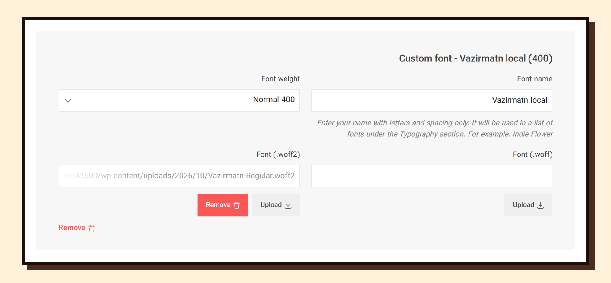 وودمارت در وردپرس فارسی: بعد از نصب دمو، فونت فارسی چه میشود؟ 3 ردیف اول از سه ردیف صفحه Custom Fonts در تنظیمات قالب: نام «Vazirmatn Local»، وزن ۴۰۰ و فقط فایل Woff2 پر شده است