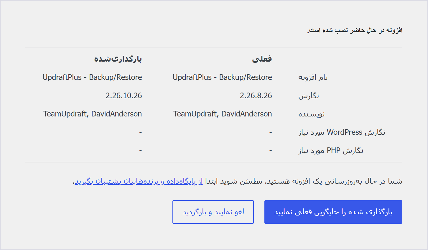 آپدیت دستی افزونه وردپرس با زیپ: نسخه قبلی کجا میماند؟ 1 صفحه مقایسه وردپرس هنگام آپلود زیپ Updraftplus: نگارش فعلی 2.26.8.26 و بارگذاریشده 2.26.10.26، ردیفهای نگارش لازم وردپرس و Php خالی، و دکمههای جایگزینی و لغو