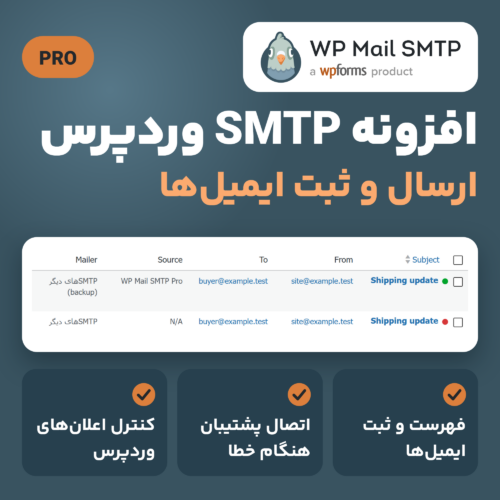 تصویر افزونه WP Mail SMTP Pro: فهرست ایمیل‌های ثبت‌شده و سه ویژگی ثبت ایمیل‌ها، اتصال پشتیبان و کنترل اعلان‌ها