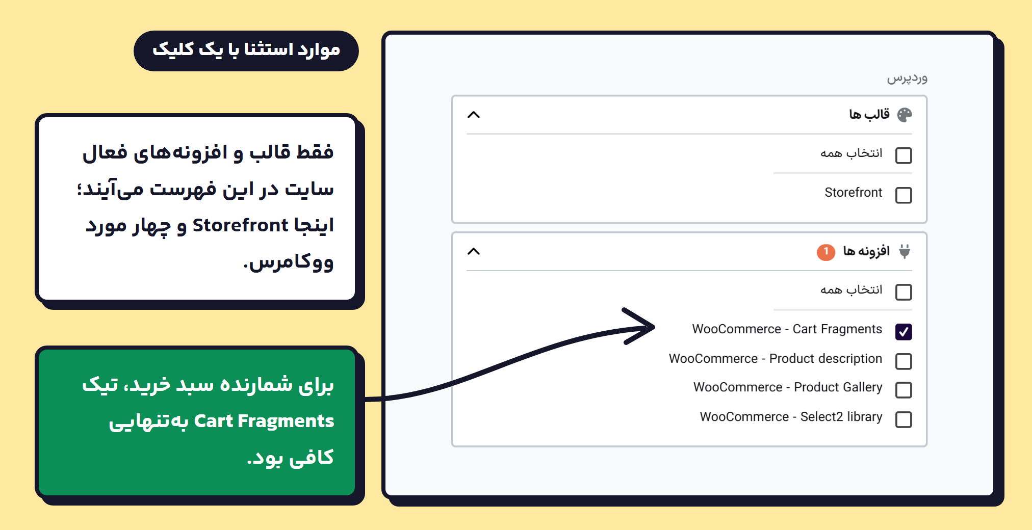 تنظیمات راکت در ووکامرس: چرا عدد سبد خرید غلط نشان داده میشود؟ 2 بخش «موارد استثنا با یک کلیک» در تنظیمات راکت: قالب Storefront و چهار مورد ووکامرس، و تیک Cart Fragments