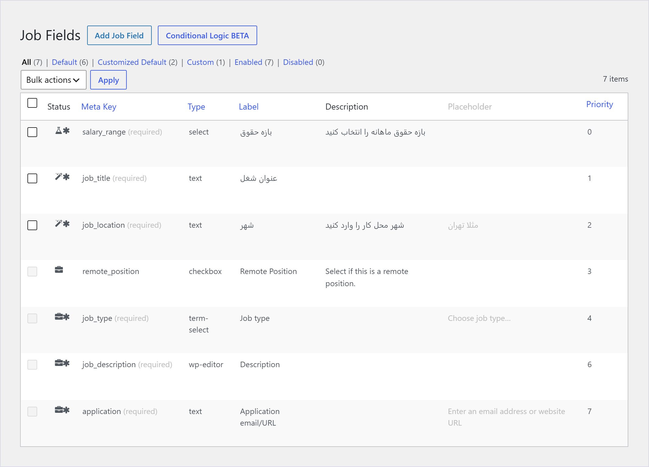 افزونه ویرایشگر فیلد جاب منیجر | Wp Job Manager Field Editor 1 فهرست Job Fields در پیشخوان با یک فیلد کشویی دلخواه و دو فیلد آماده که برچسبشان عوض شده است