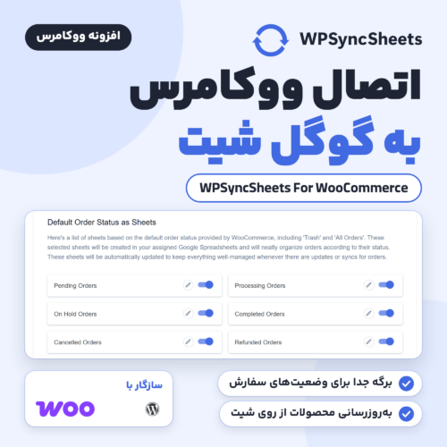 تصویر افزونه WPSyncSheets For WooCommerce برای اتصال ووکامرس به گوگل شیت، با برگه تنظیمات برگه‌های وضعیت سفارش
