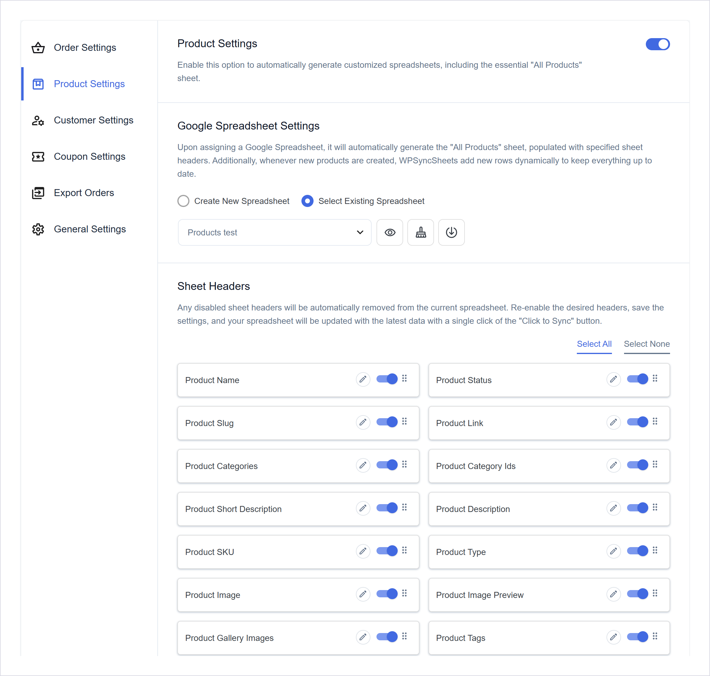 افزونه همگامسازی ووکامرس با گوگل شیت | Wpsyncsheets For Woocommerce 2 برگه تنظیمات محصولات: سرستونهای قابل انتخاب برای برگه همه محصولات