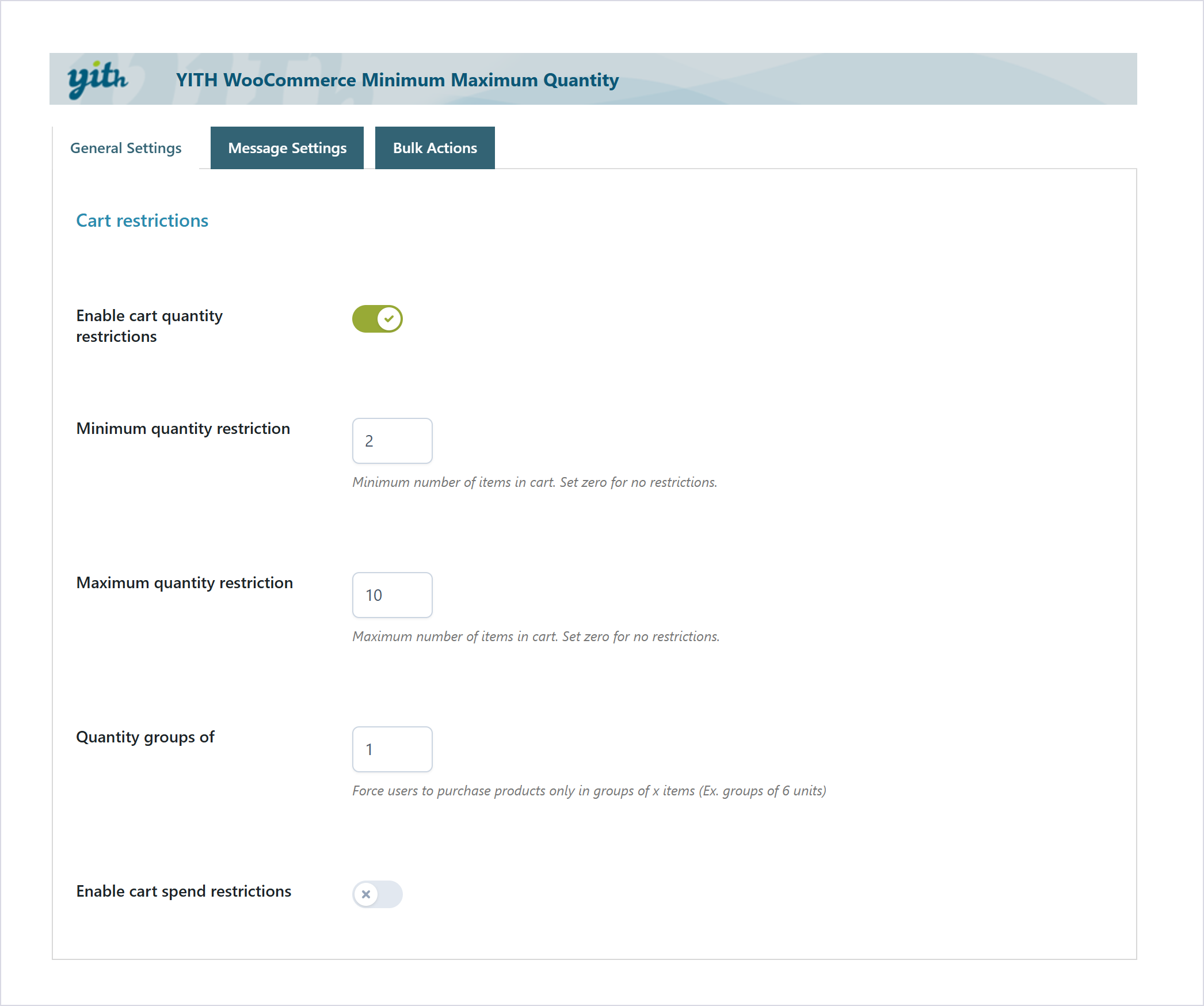 تب General Settings افزونه: بخش محدودیت‌های سبد خرید با کلید فعال‌سازی، حداقل، حداکثر و تعداد گروه‌بندی