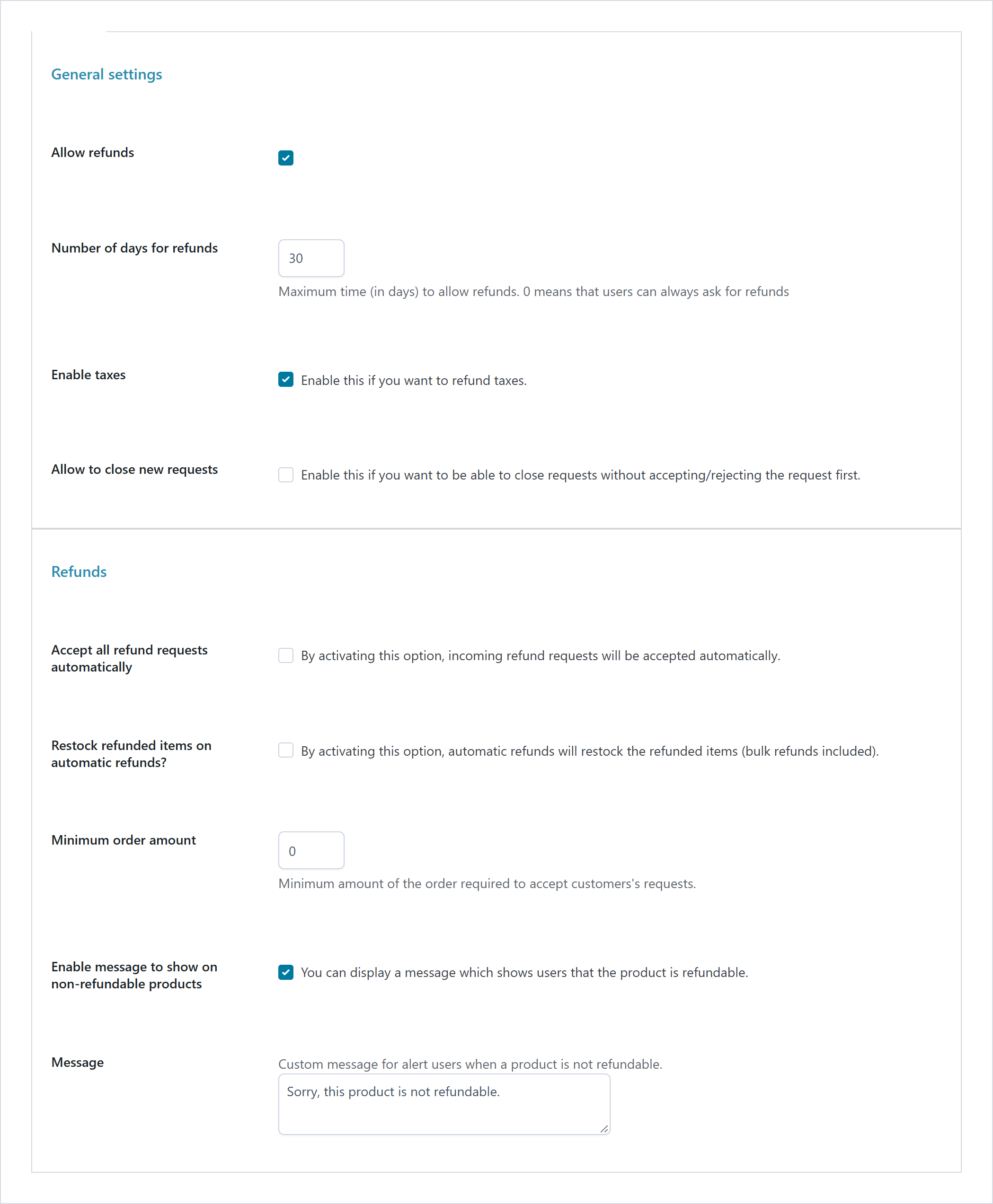 افزونه بازگشت وجه Yith Advanced Refund System 3 صفحه تنظیمات افزونه با گزینههای عمومی و بخش بازگشت وجه